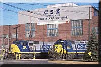 Cumberland shops is home to CSXs' SD70ACs. A SD70 and GP40-2 sit outside of the main building 