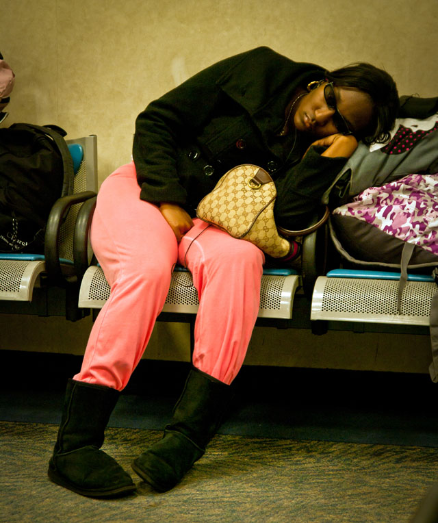 Weary passenger at Chicago Union Station.