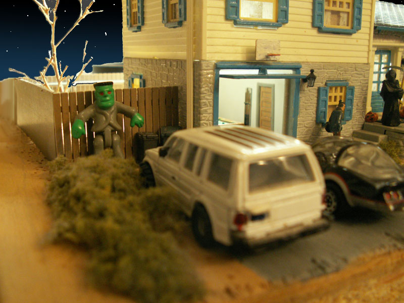 A Frankenstein monster lurks out by the garbage cans. A custom made basketball 