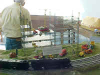 A construction site built with Erector Set parts was set up on one of the modular layout's corner modules.