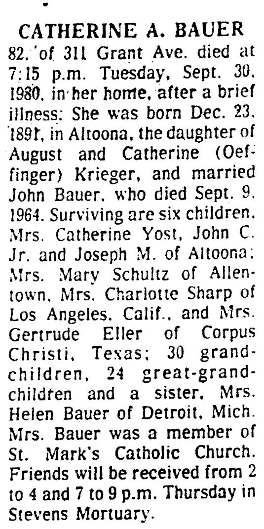 Catherine Bauer Obit - Altoona Mirror - 1 Oct 1980