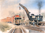 <a href='http://www.nationalrrmuseum.org' target='_blank'>National Railroad Museum</a> - The crane depicted in this rendition is about to clean up a two-car derailment on a hazy early morning.  This is a Bucyrus steam crane on exhibition at the National Railroad Museum in Green Bay, Wisconsin