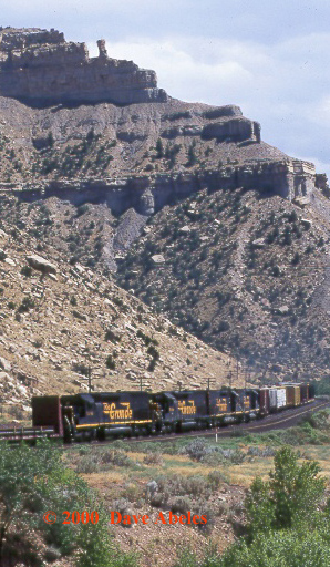 Four D&RGW SD40T-2's are the swing helper in UP train  MDVRO (Denver, CO to Roper [Salt Lake City] UT Manifest) through West Helper, UT and into the Price River Canyon; 08/19/00